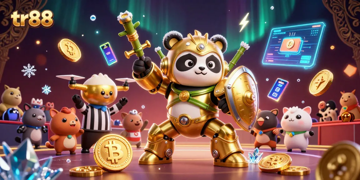 Betting on thrilling games at tr88 featuring animated panda in mech-suit and crypto elements.