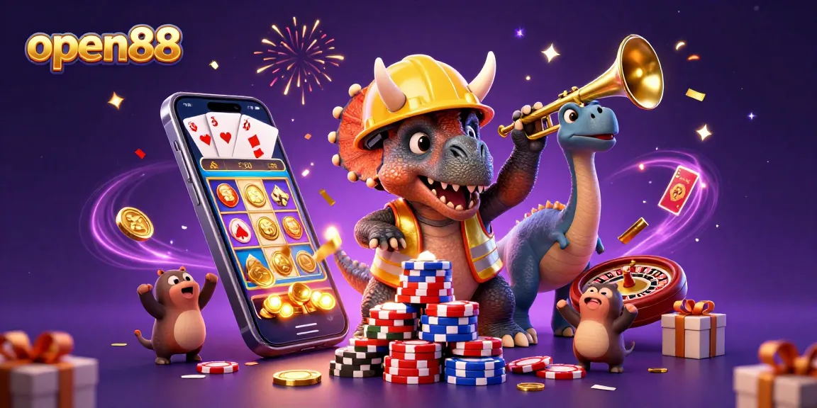 Celebrate big wins with open88 as a triceratops builds poker chip pyramids in a vibrant casino scene.