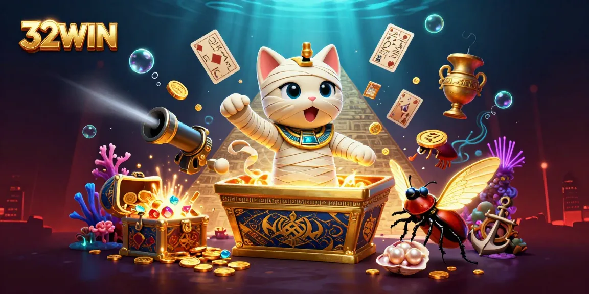 Experience thrilling gaming at 32WIN with a dynamic mummy cat bursting from a casino sarcophagus.