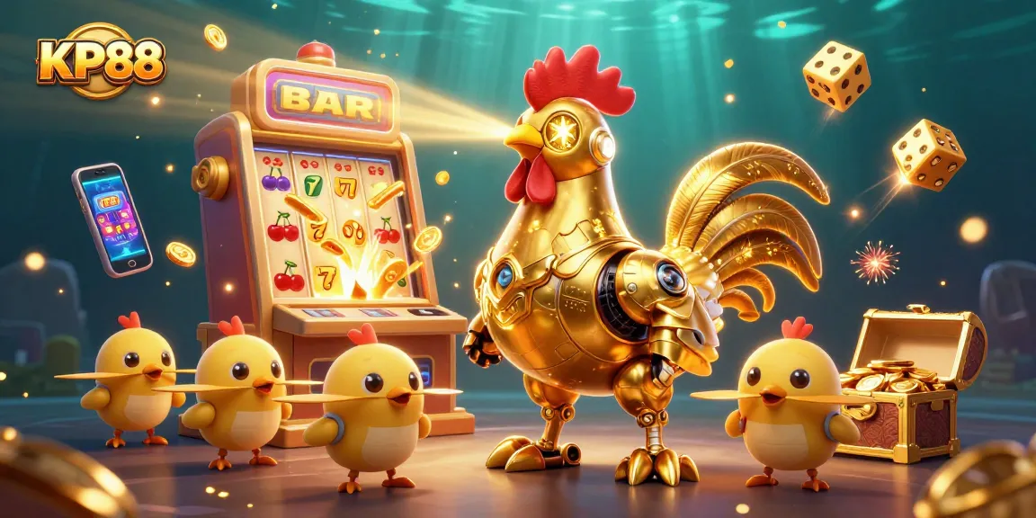 Experience thrilling slots at KP88 with vibrant golden rooster robot and jackpots bursting with coins.