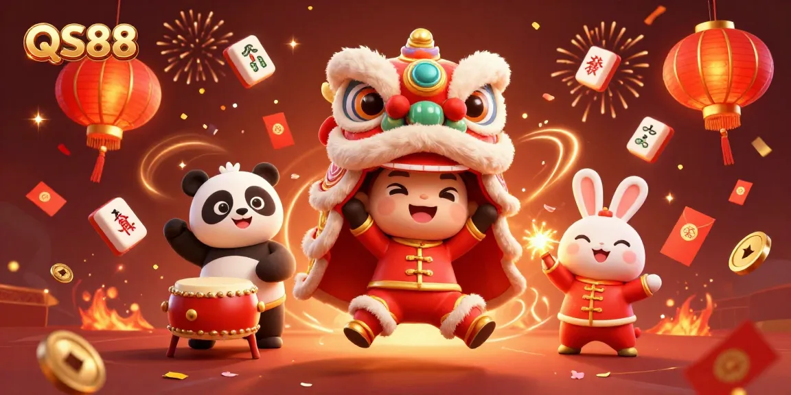 Experience winning at QS88 with a vibrant casino scene full of festive characters and elements.