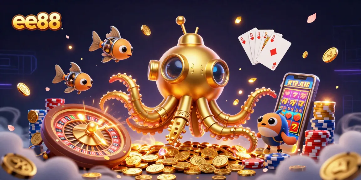 Bet on exciting ee88 games with a golden kraken submarine and dazzling casino elements!