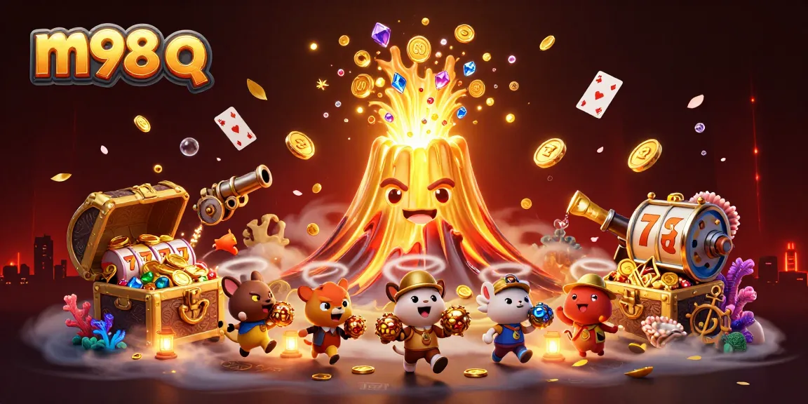 Spin the reels with excitement at m98 q, featuring a golden volcano and treasure-hunting animals!