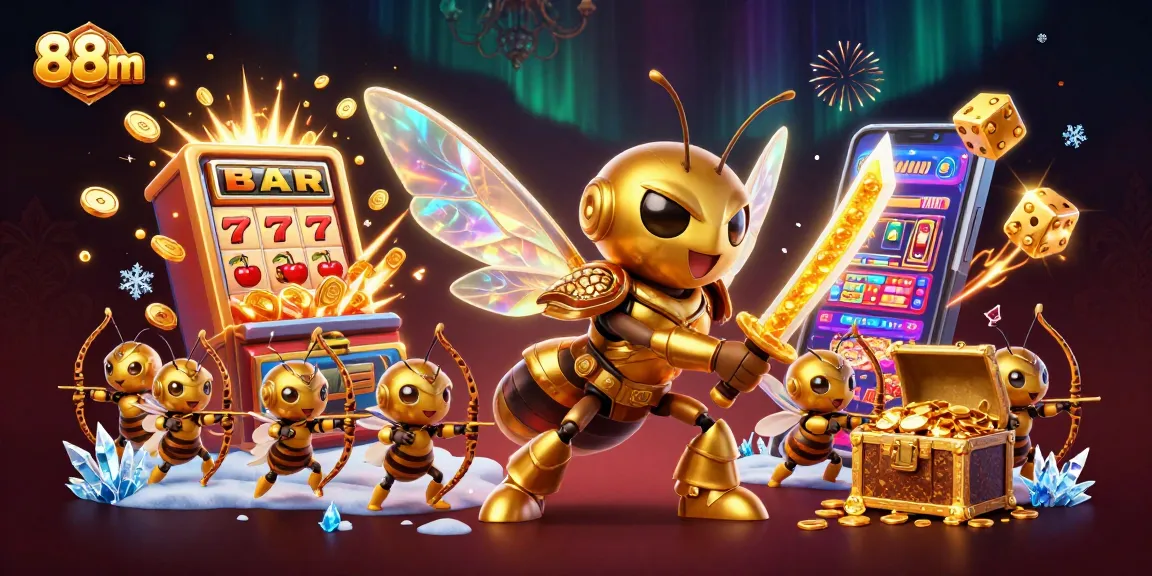 88m players enjoying a vibrant online casino atmosphere with a golden hornet and jackpot wins.