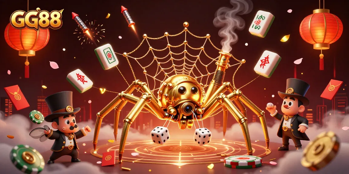 Experience excitement at GG88 as the golden spider catches dice in a vibrant casino scene.