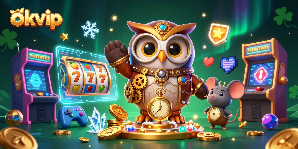 Engage with okvip's dynamic casino world featuring a time-traveling owl amidst vibrant slot machines.