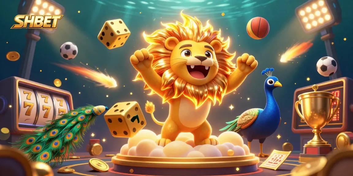 Play thrilling games with SHBET in a vibrant, action-packed 3D casino illustration.