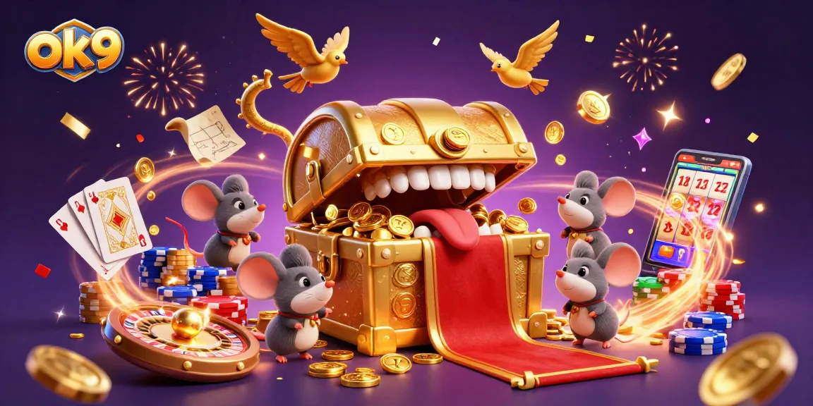 Engage with ok9's vibrant online casino world, showcasing playful treasure chests and dazzling slot games.