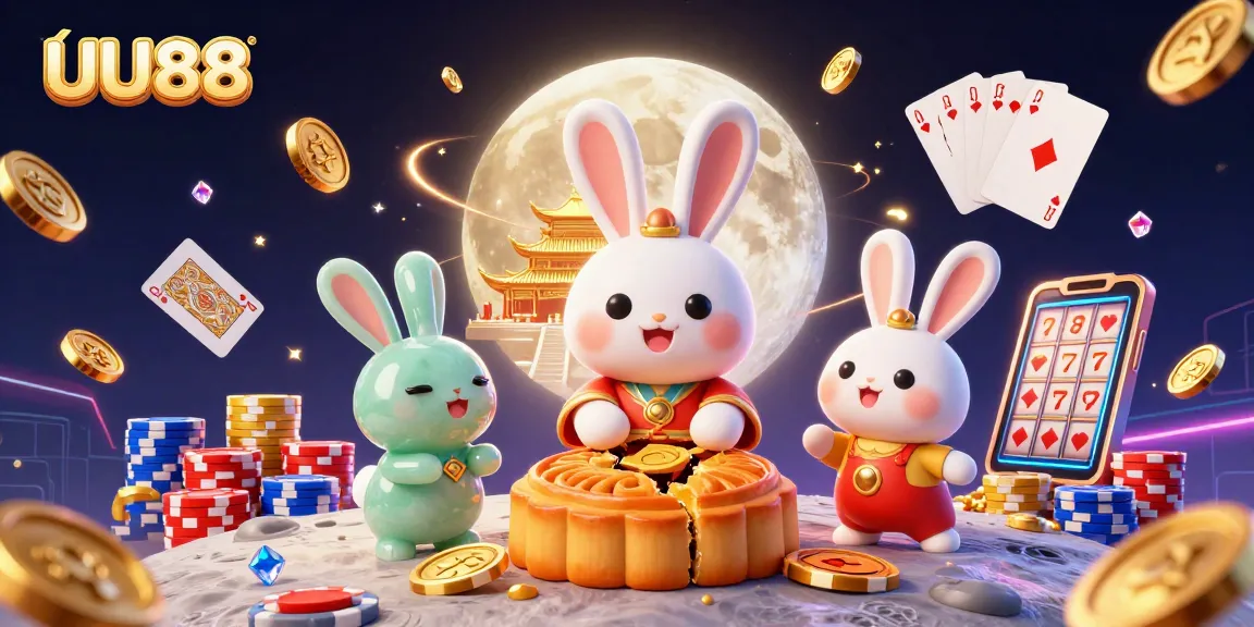 Spin effortlessly in the UU88 casino with vibrant poker chips and a mystical moon rabbit.