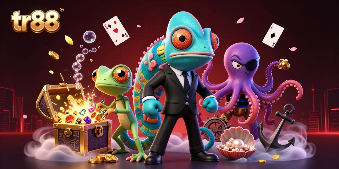 Experience thrilling gameplay with tr88 featuring a chameleon, gecko, and octopus in a vibrant casino scene.
