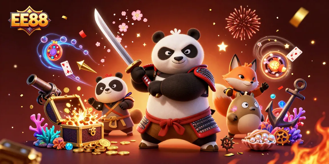 Engage with EE88's thrilling casino adventure illustrated by a dynamic scene featuring samurai panda and ninja fox.