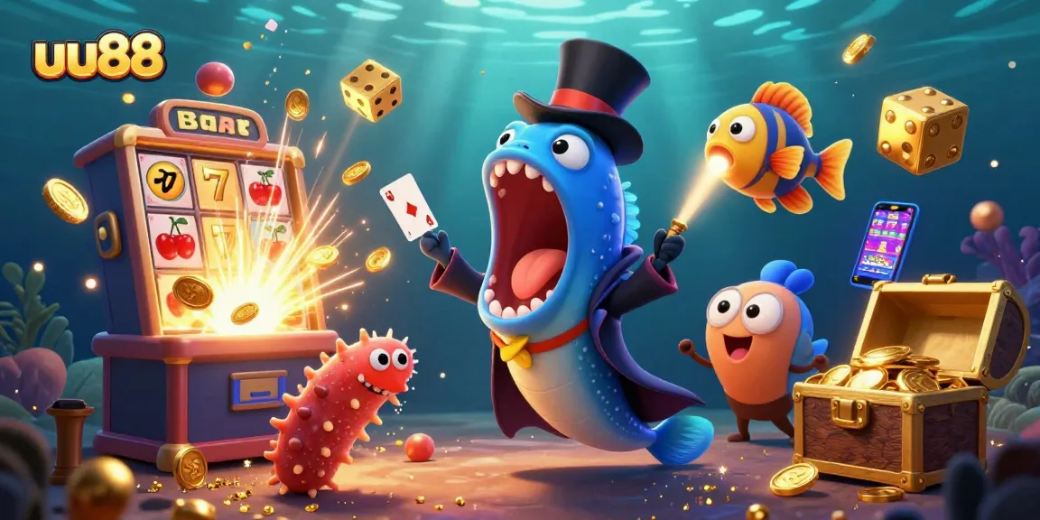 Play exciting games at uu88 with a colorful casino illustration packed with characters and vibrant elements.