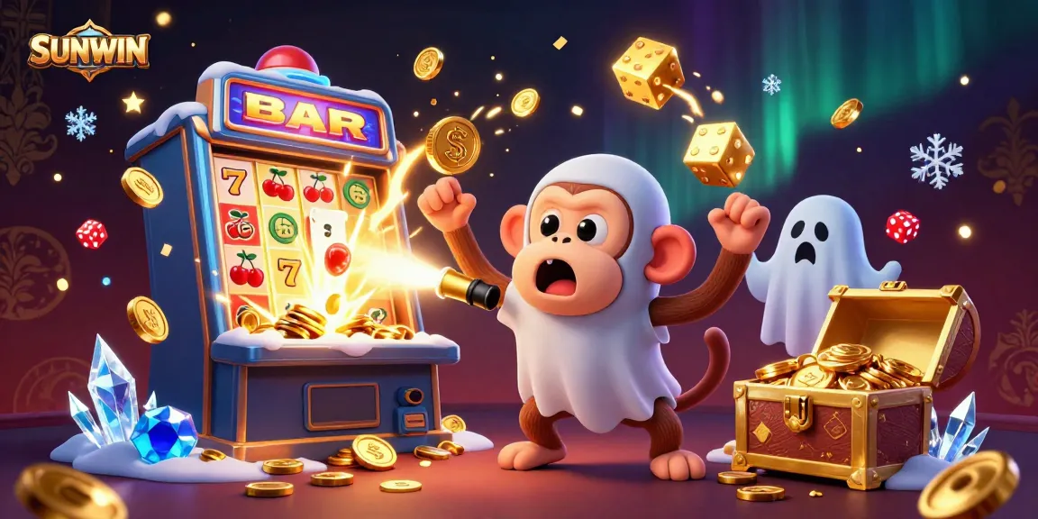 SUNWIN showcases a playful scene with a poltergeist monkey and a ghost-hunter puppy amidst a jackpot explosion in a casino.