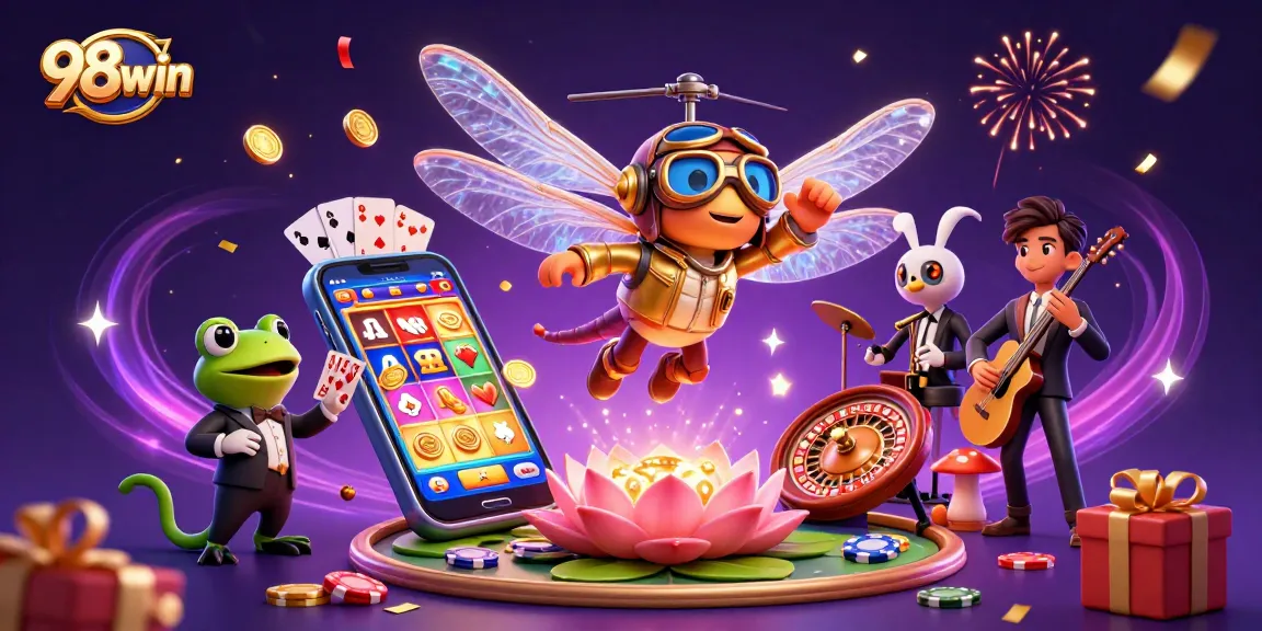 Experience thrilling gaming action at 98win with exciting casino elements and vibrant animation.