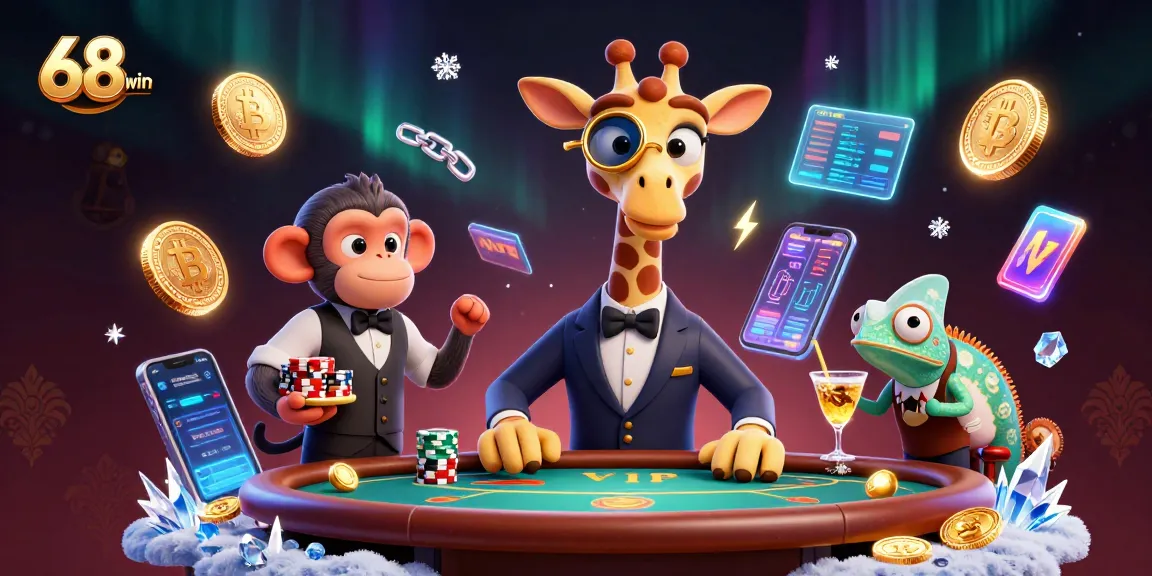 Engage with the vibrant atmosphere of 68win featuring a high-roller giraffe, monkey valet, and charming chameleon in this lively casino scene.