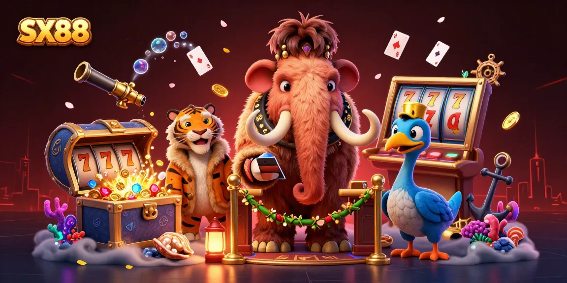 SX88 showcases a vibrant casino-themed scene with a woolly mammoth bouncer and a saber-tooth tiger guest