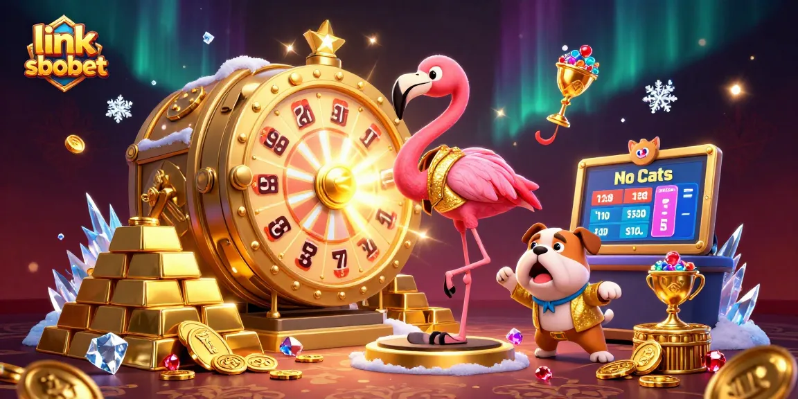 Taruhan yang menggembirakan pada link sbobet dengan karakter dan elemen kasino di latar belakang yang berkilauan.