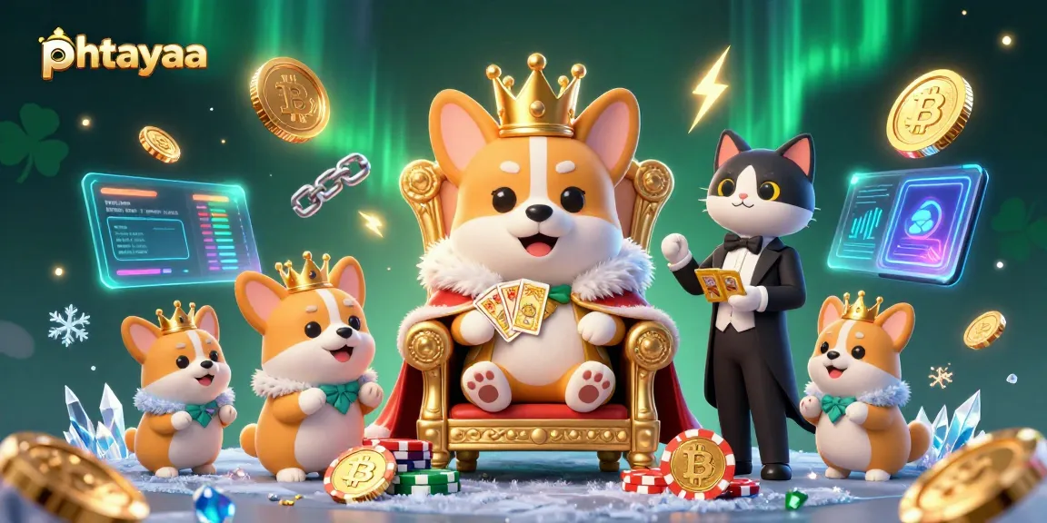Join the phtayaa gaming experience with a vibrant 3D royal corgi scene enriched with crypto elements.