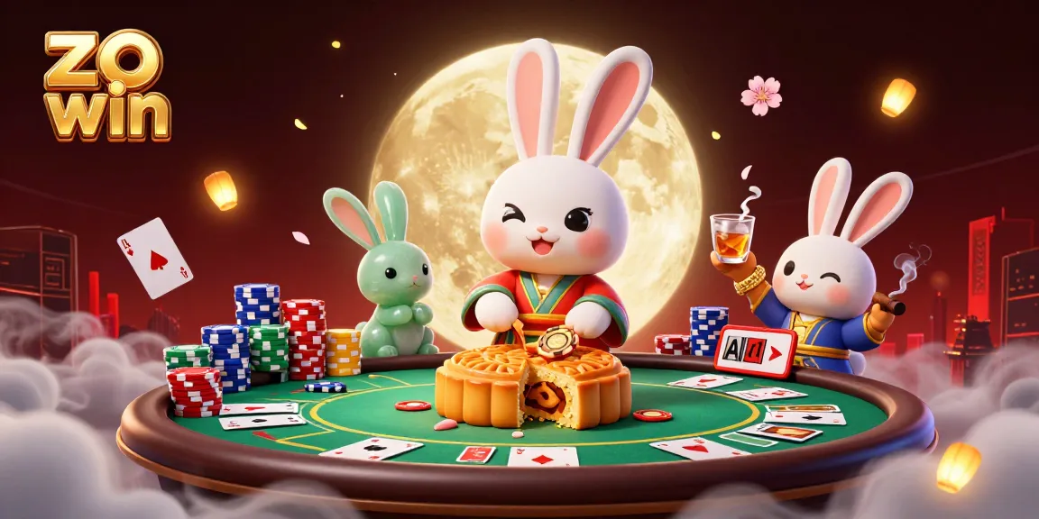 Experience thrilling online gaming with zo win as a moon rabbit reveals poker chips inside mooncakes.