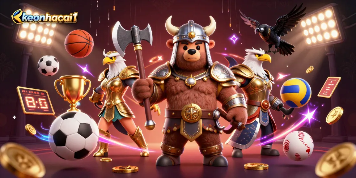 Bet on exciting sports events with keonhacai1, featuring dynamic 3D cartoon Viking and Valkyrie.