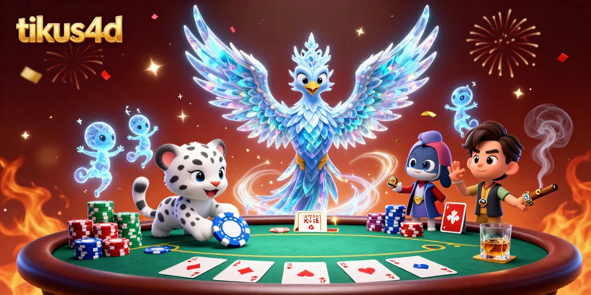 Experience tikus4d through an engaging illustrated scene of playful characters swirling around poker elements.