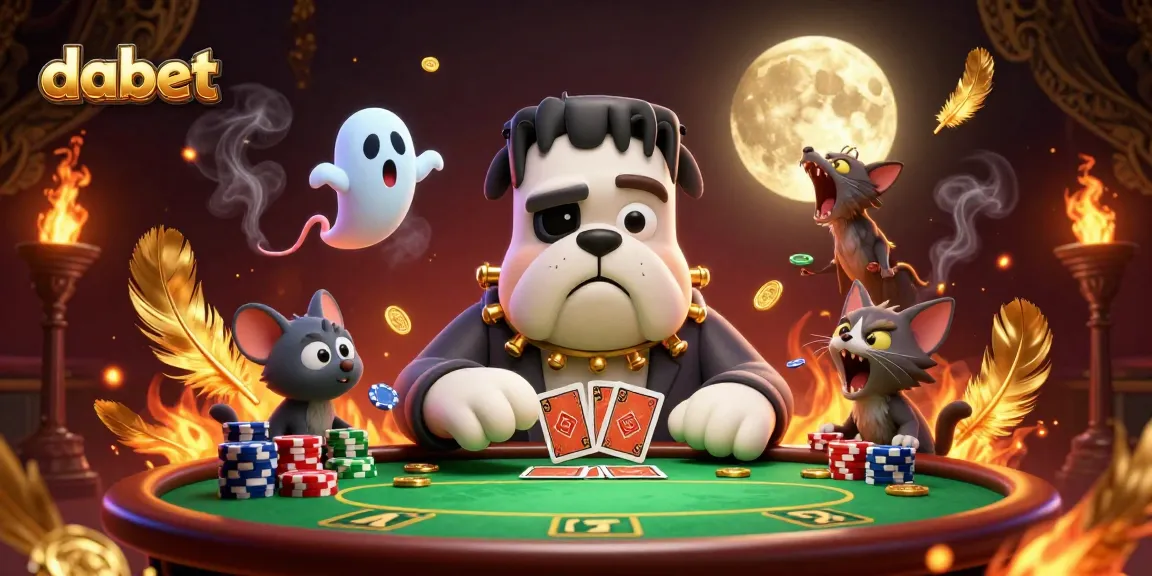 dabet features a cartoon bulldog dealer, ghost mouse, and werewolf kitten playing poker at a vibrant casino table