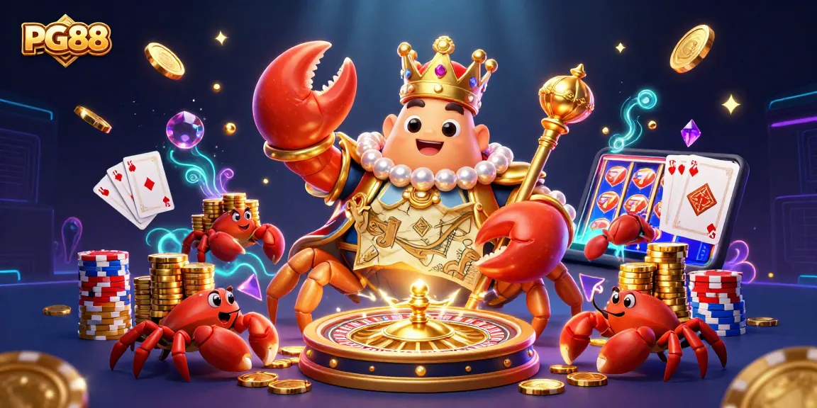 PG88 engages players with a golden crab emperor and hermit crab servants amidst a vibrant casino scene.