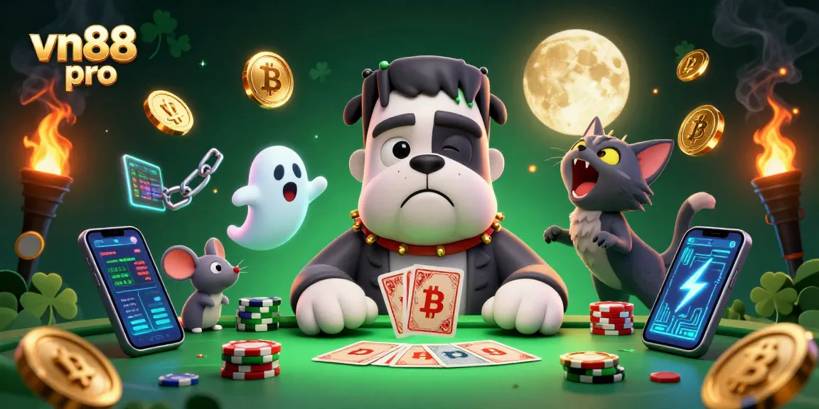 Engage with vn88 pro in this exciting casino scene featuring a Frankenstein bulldog, ghost mouse, and werewolf kitten