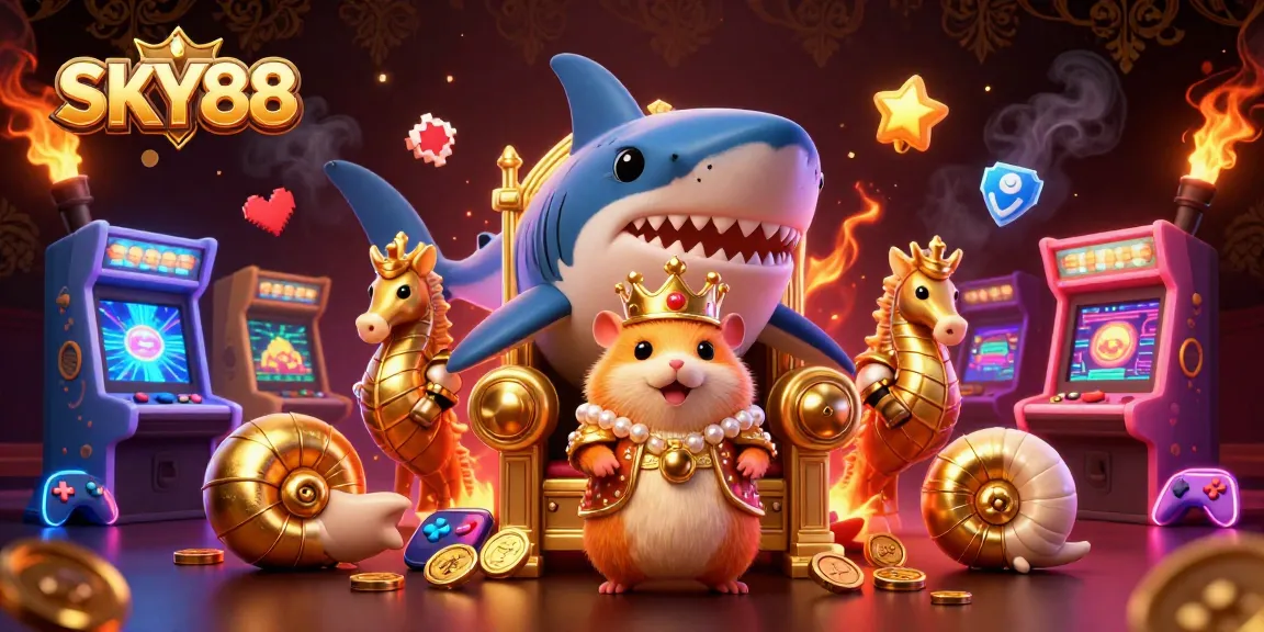 Engage with SKY88's vibrant casino scene featuring a golden hamster king amidst exciting gaming elements.
