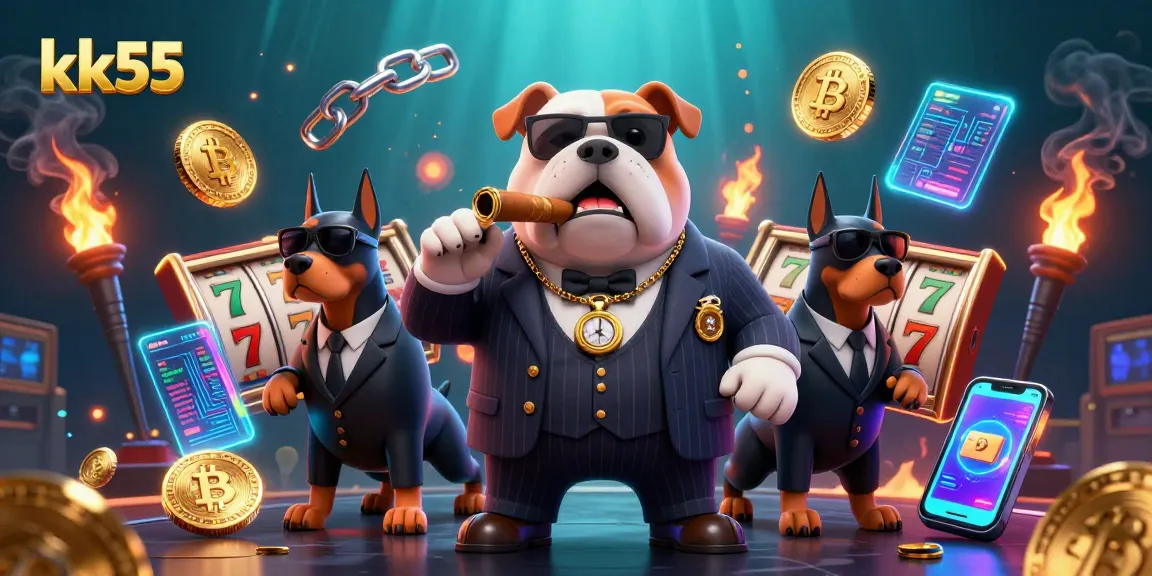 Engage with kk55's exciting atmosphere featuring a mafia dog and bodyguard Dobermans amid glowing slot and crypto elements.