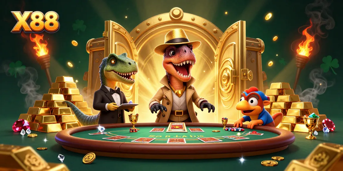 Experience thrilling gameplay at X88 with a vibrant scene of a velociraptor card counter amidst glimmering casino elements.