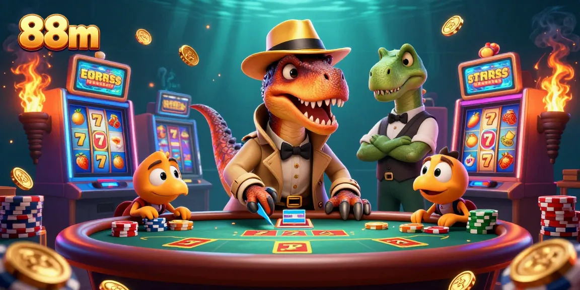 Betting at the blackjack table with a velociraptor at 88m amid vibrant casino elements.