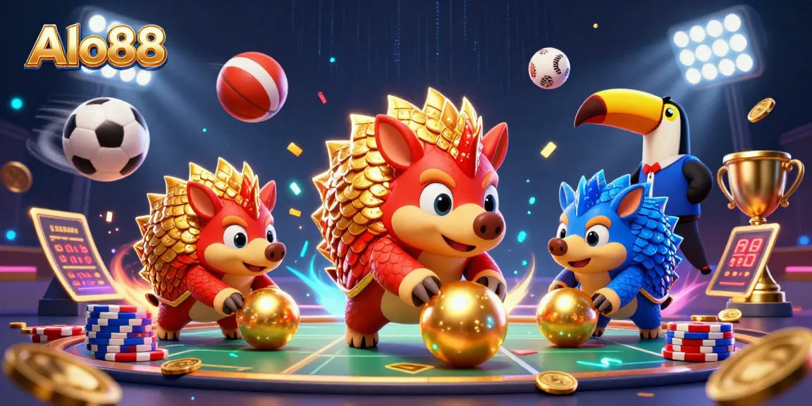 Alo88 showcases a vibrant scene with pangolins bowling through poker chips, surrounded by dynamic casino elements.