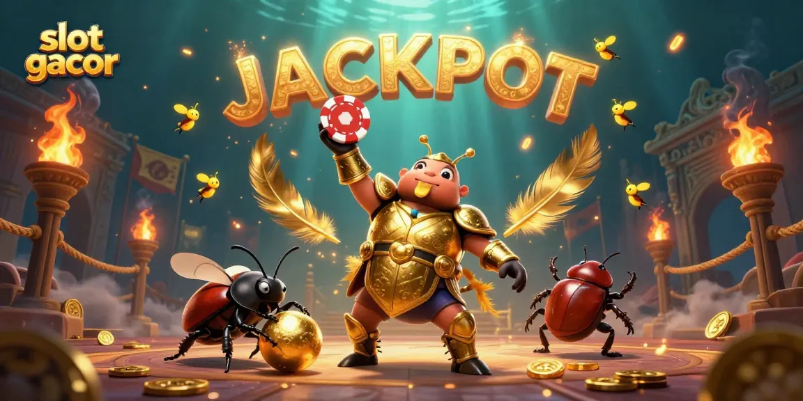 Experience the thrill of slot gacor gaming with dynamic visuals of a victorious beetle and a jackpot reveal.