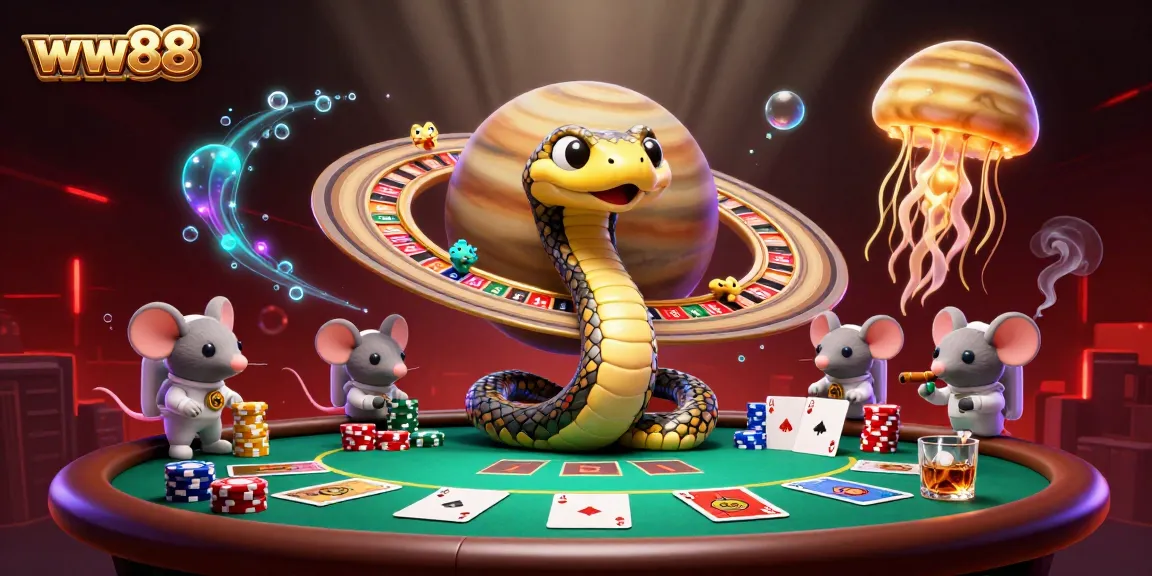 Experience ww88's thrilling casino action with cartoon snakes and mice betting in a vibrant 3D scene.
