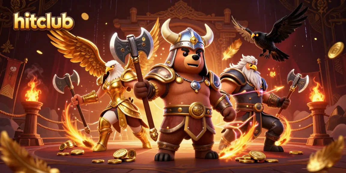 Hitclub signifies an exciting gambling experience featuring a Viking bear, Valkyrie eagle, and iconic casino elements.