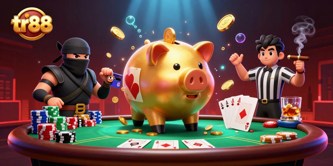 tr88's dynamic casino scene features a piggy bank sumo wrestler earning coins in a lively poker atmosphere.