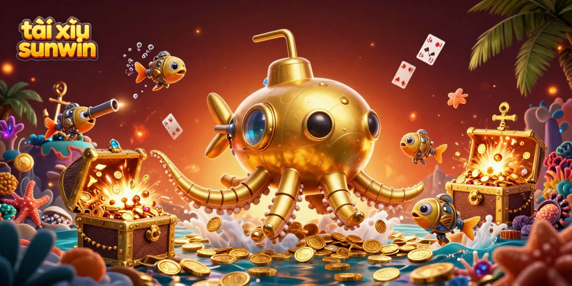 Play thrilling tài xỉu sunwin with a vibrant underwater digital casino scene filled with gold and gems.