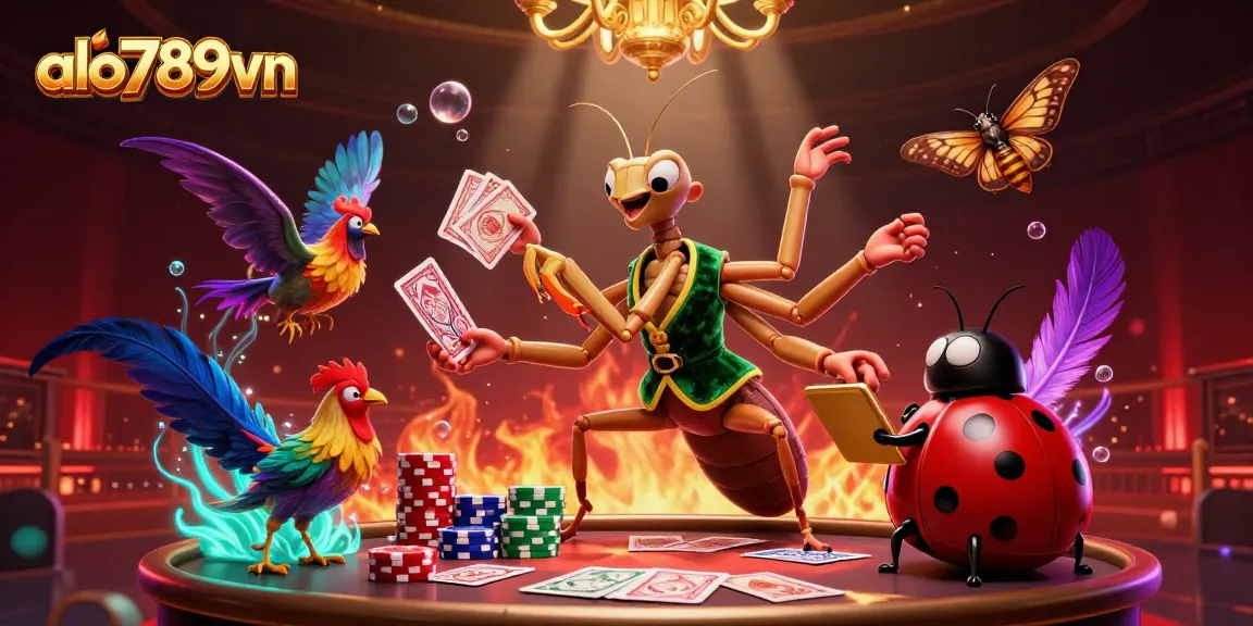 Alo789vn showcases a vibrant online cockfighting scene featuring a giant mantis dealer, ladybug pit boss, and lively bird imagery.