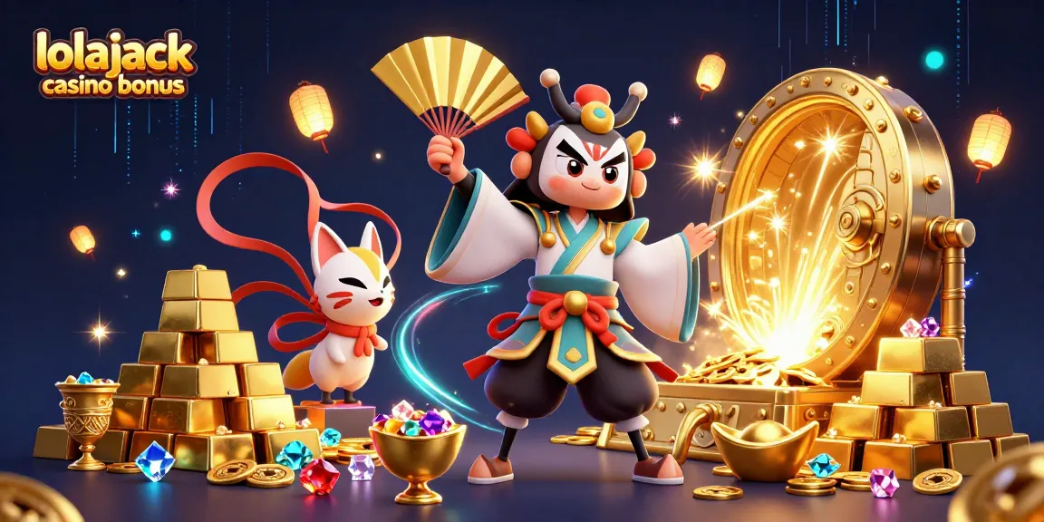 Engage with the lolajack casino bonus in a vibrant 3D illustration filled with treasures and casino elements.