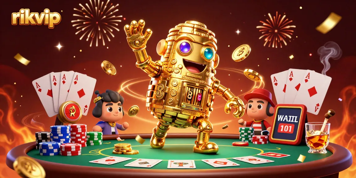 Experience thrilling gameplay at rikvip with a golden golem and poker elements in a vibrant casino atmosphere.