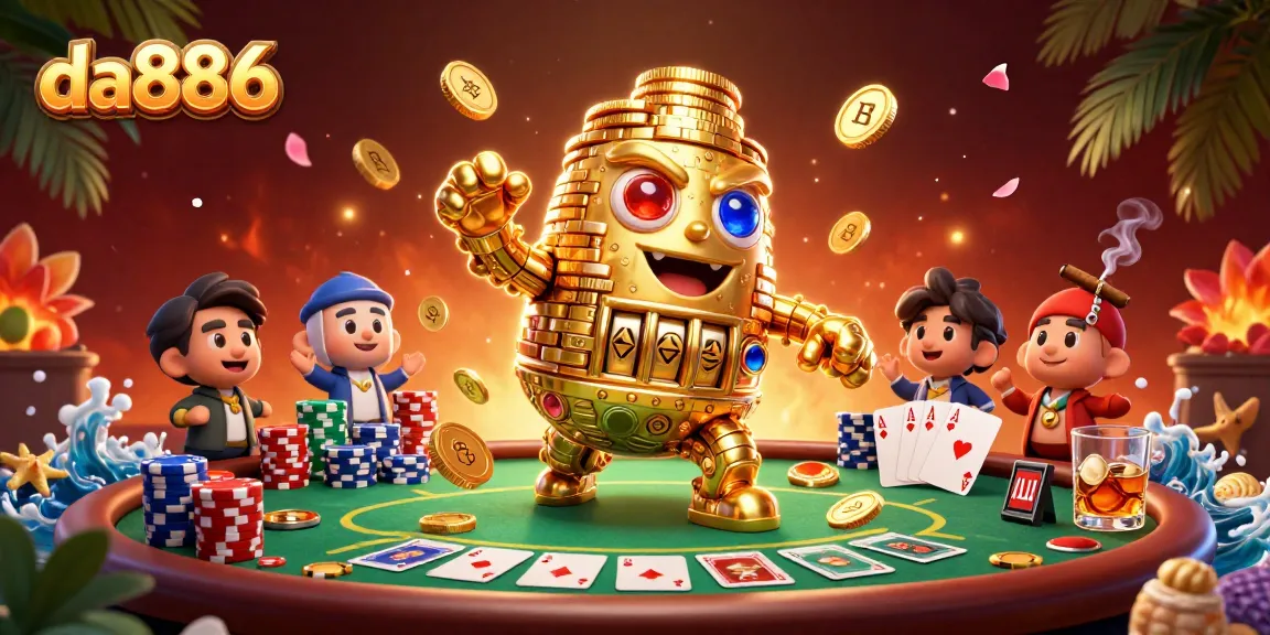 Engage with da886: a vibrant casino scene with gold coin golem, poker elements, and dynamic visuals