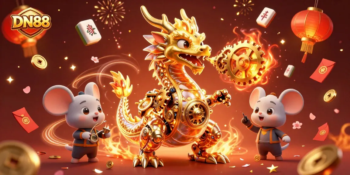 Experience the excitement of DN88 with a golden dragon illustration, showcasing dynamic casino elements and festive details.