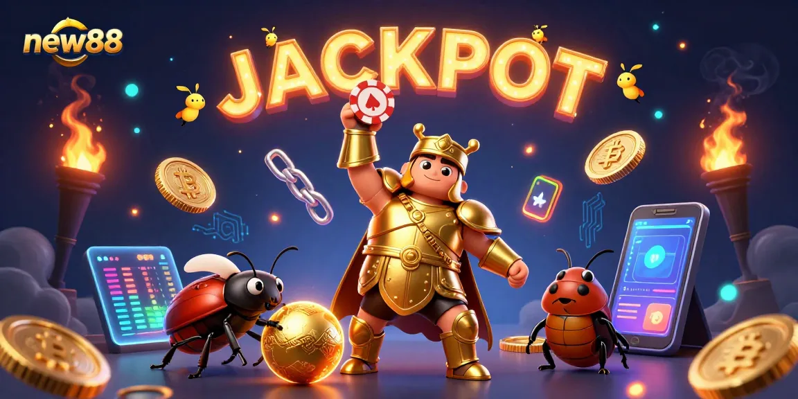 Spin and win with new88 in this vibrant casino illustration featuring a victorious beetle and dazzling game elements.