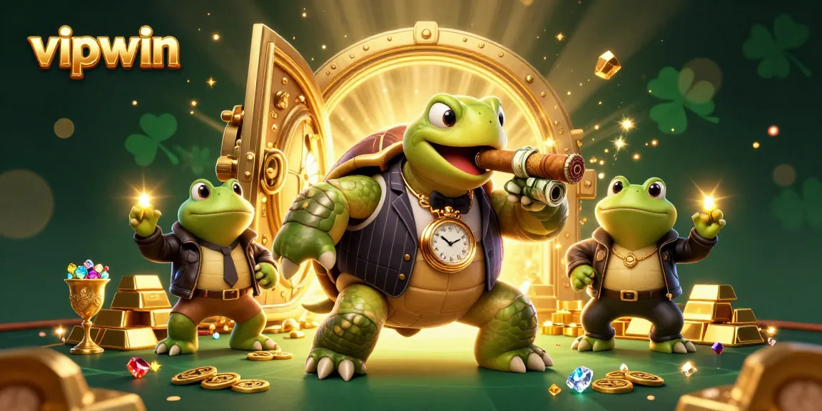 Join the thrilling games at vipwin, where a snapping turtle mobster and bullfrog enforcers illuminate a casino scene.