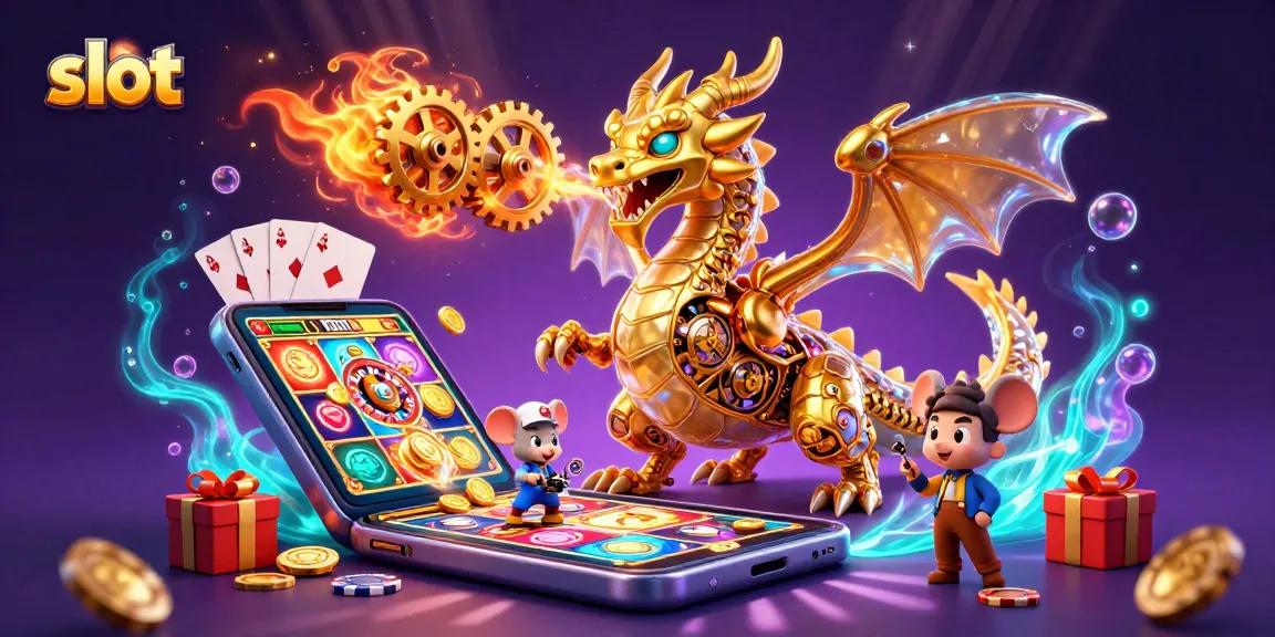 Slot menarik dengan karakter naga dan elemen permainan kasino berwarna-warni.