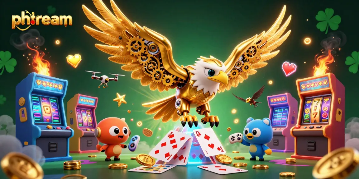 Experience exciting gameplay at Phdream with a vibrant 3D illustration of a cyberpunk eagle amidst casino elements.