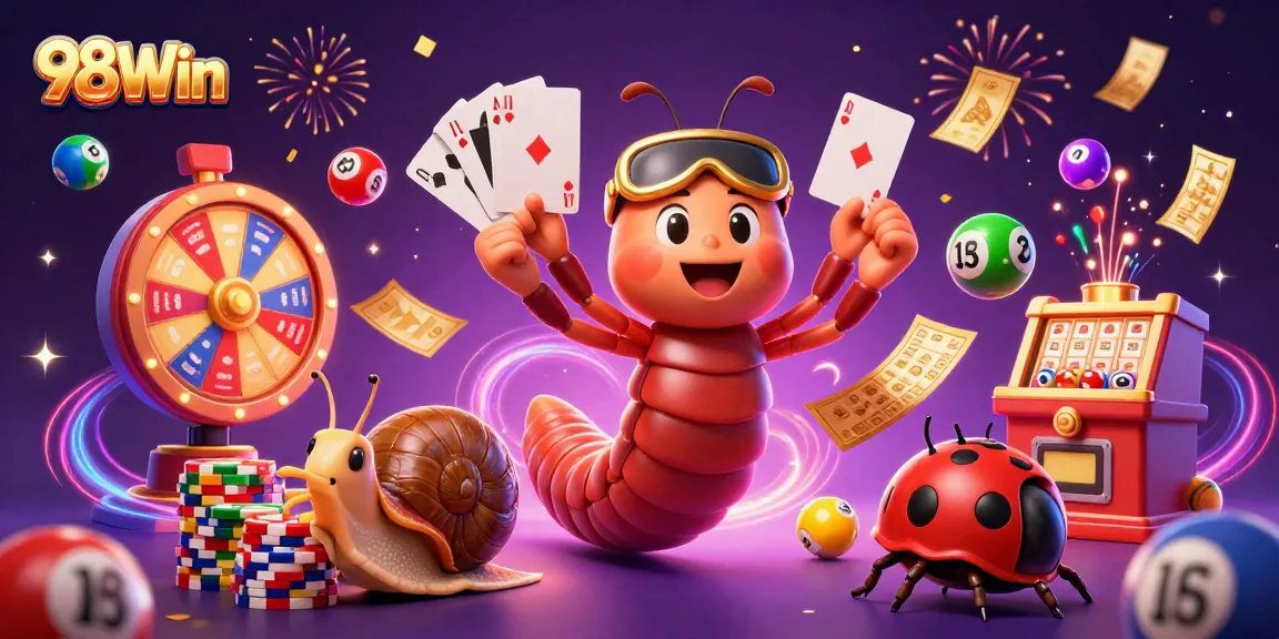 Engage with 98Win's exciting games with a vibrant 3D casino scene featuring unique characters.