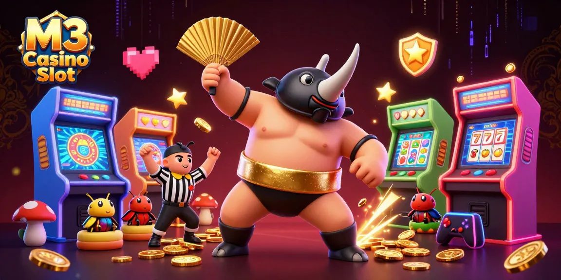 Spin and win at M3 Casino Slot featuring a sumo beetle champion amidst vibrant gaming elements.