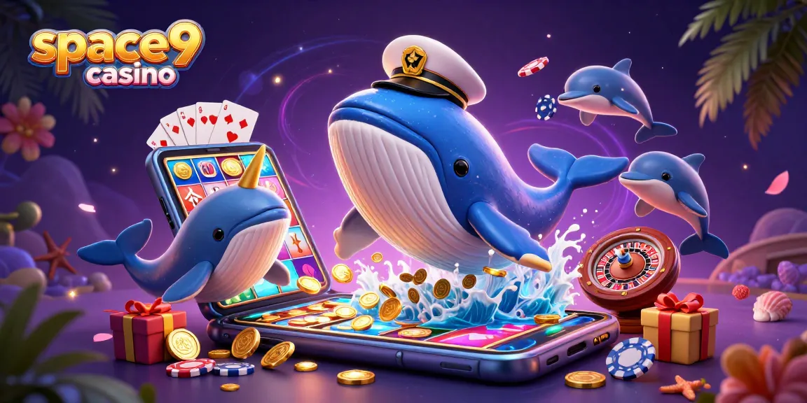 Immerse in the thrill of space9 casino with a vibrant 3D whale and gaming elements.